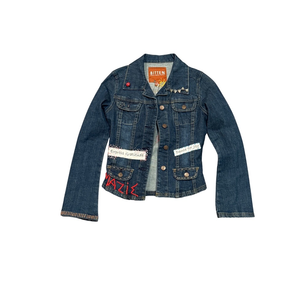 Bitten Women's Denim Jacket Custom Patches 'Joy' 'Create‎ Beauty' Graphic